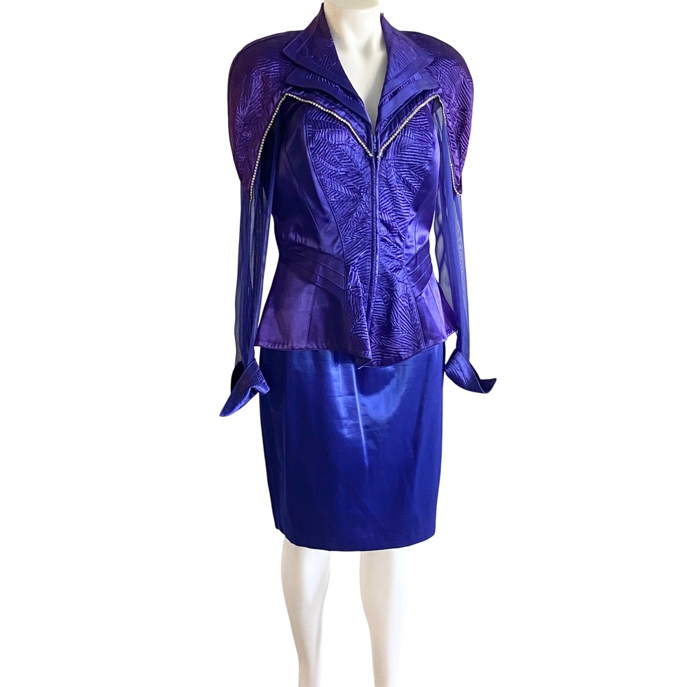 IIF Vintage 80s Royal Purple Satin Skirt Suit Rhinestone Glam Disco Set M
